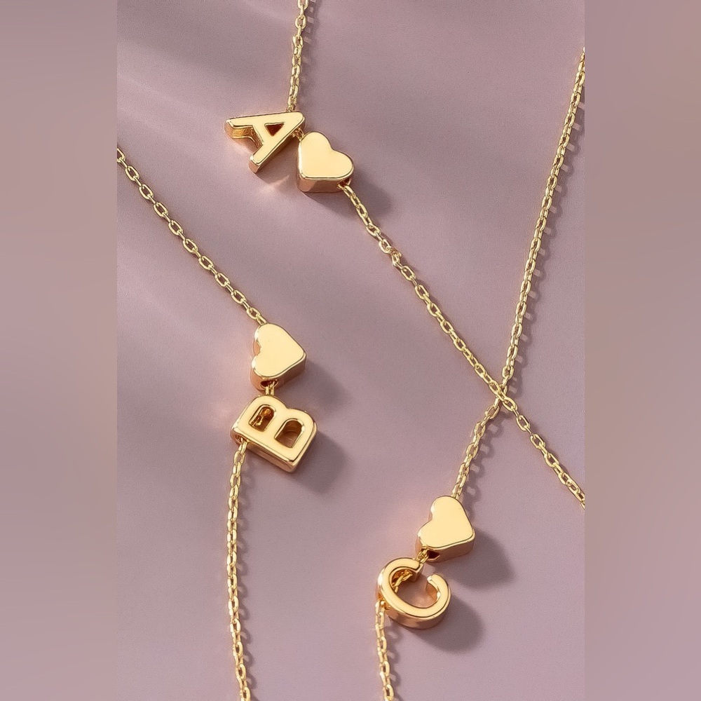 Brass Mini Initial w/Heart Charm Necklace U